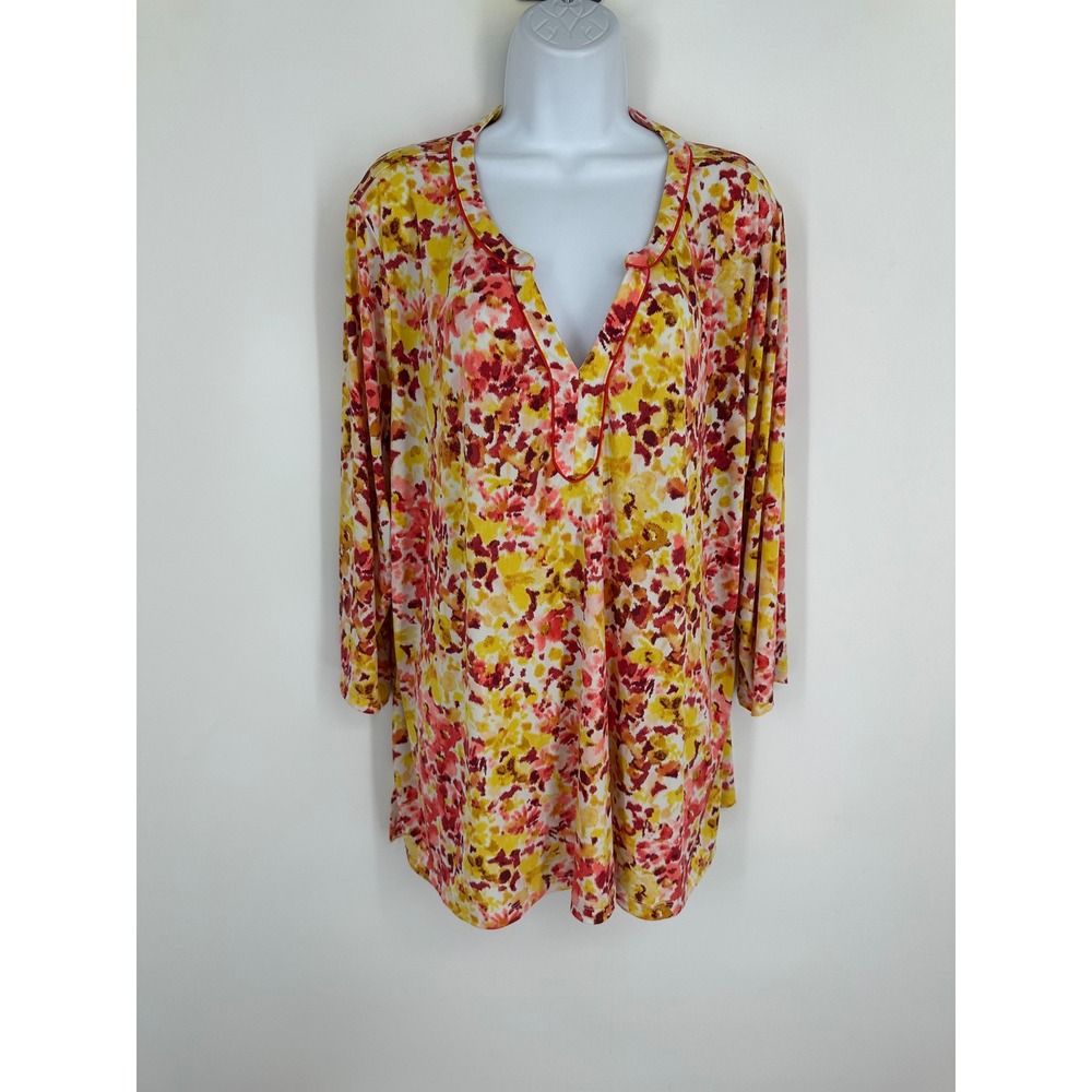 Susan Graver Liquid Knit Tunic Top Yellow Pink Floral V-Neck Size 2XP A647435